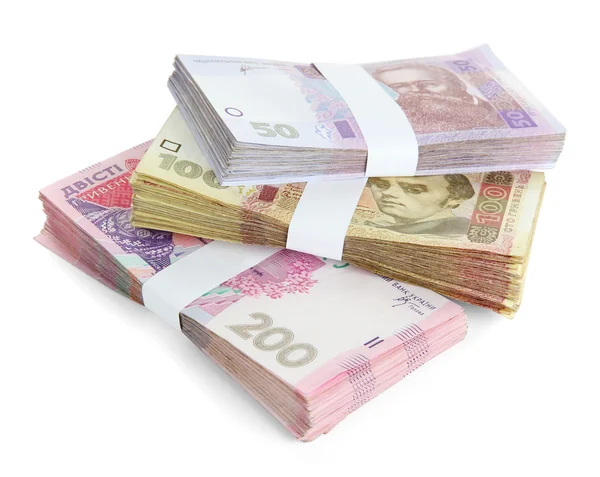 Hromady ukrajinských peněz, izolované na bílém — Stock fotografie