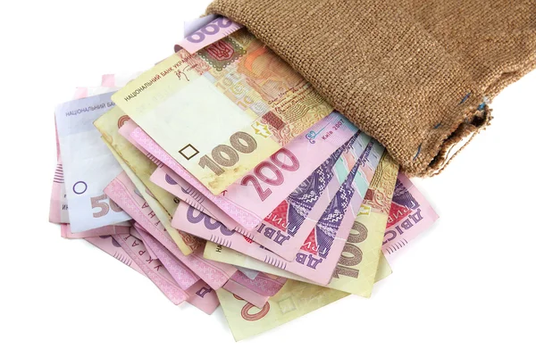 Jute zak met Oekraïense geld, geïsoleerd op wit — Stockfoto