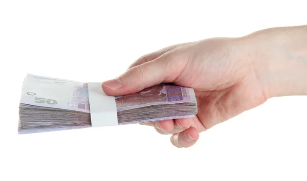 Ukrainian money in hand, isolated on white — Stock fotografie