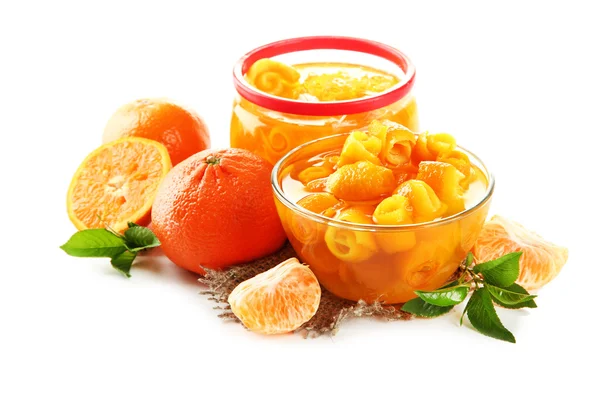 Orange jam with zest and tangerines, isolated on white — Stock Photo, Image