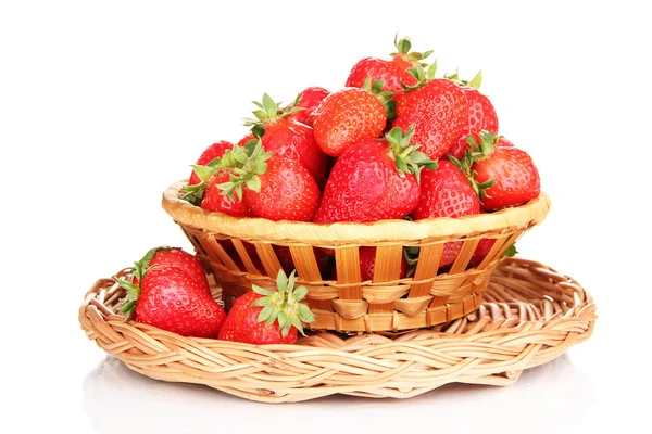 Fresh strawberry in wicker basket isolated on white — Stock Photo, Image