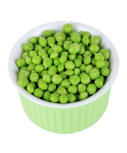 Sweet green peas in bowl isolated on white — Stock Photo, Image