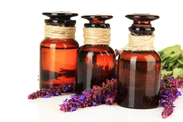 Medicine bottles and salvia flowers, isolated on white — Stock Photo, Image