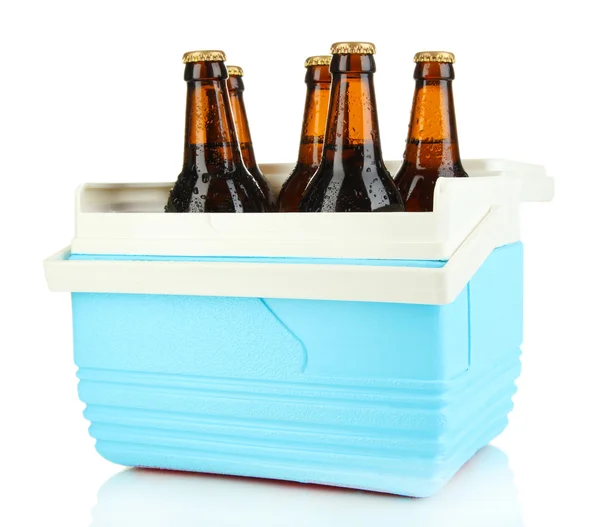 Buzdolabı üzerinde beyaz izole bira şişeleri ile seyahat. — Stok fotoğraf