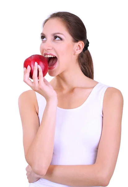 Νεαρή γυναίκα με μήλο απομονωμένο σε λευκό — Φωτογραφία Αρχείου