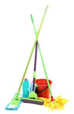Mops, üzerinde beyaz izole, plastik kova ve lastik eldiven