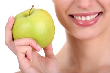 beyaz izole apple ile gülümseyen kadın