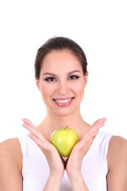 beyaz izole apple ile gülümseyen kadın