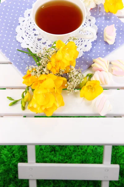Nádherná skladba s šálkem čaje a marshmallow na dřevěný piknikový stůl detail — Stock fotografie