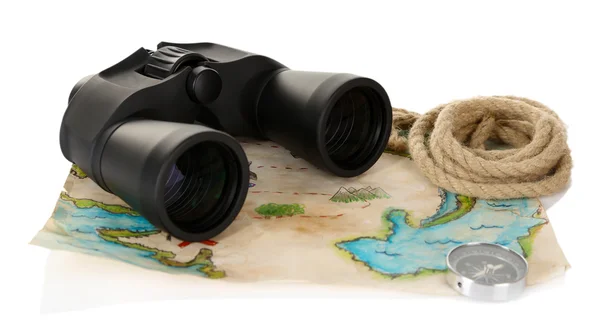 白で隔離される冒険の地図と黒の現代双眼鏡 — ストック写真