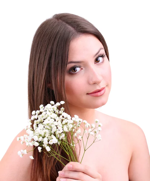 Beautiful young woman with flowers isolated on white — Stock Photo, Image