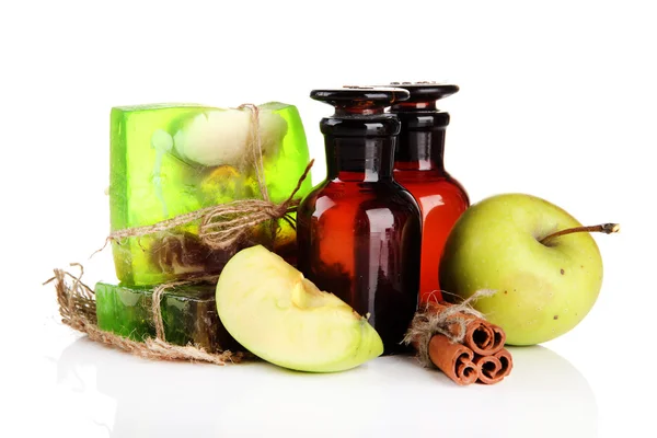 Hand made soap and ingredients for soap making, isolated on white — Stock Photo, Image