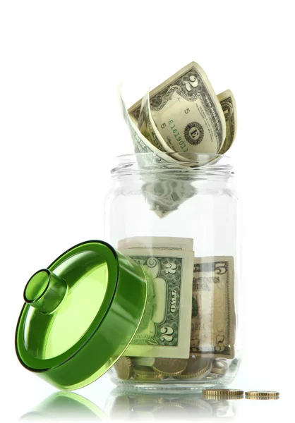 Frasco de vidro com dinheiro isolado em branco — Fotografia de Stock