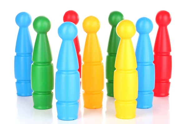 Skittles de plástico colorido de boliche de brinquedo isolado em branco — Fotografia de Stock