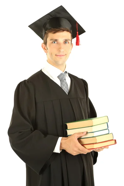 Young graduation man with books, isolated on white — Stock Photo, Image