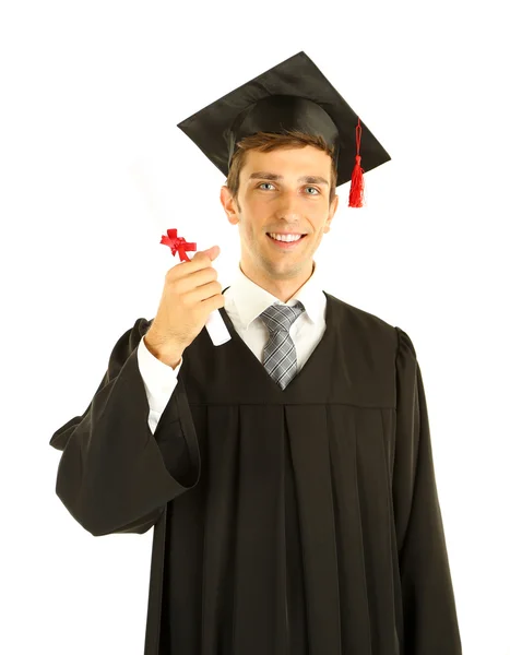 Young graduation man holding diploma, isolated on white — Stock Photo, Image