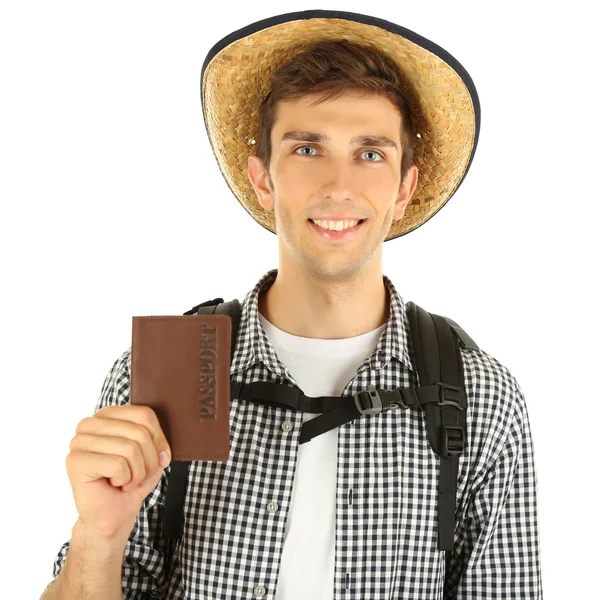 Fiatal természetjáró ember turisztikai útlevéllel, elszigetelt fehér — Stock Fotó