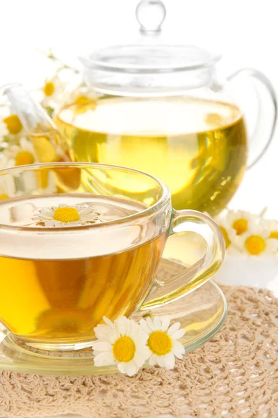 Cup of herbal tea with camomiles close up — Stock Photo, Image