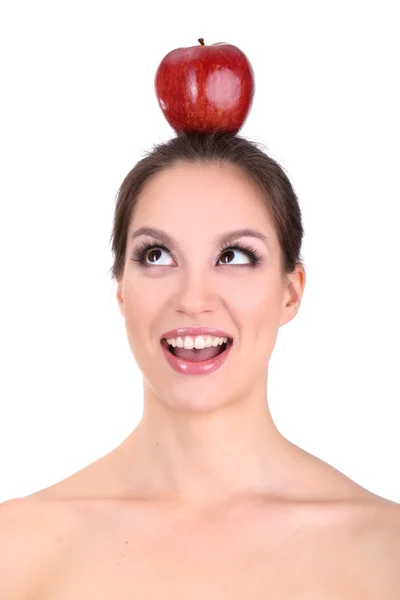 Donna sorridente con mela isolata su bianco — Foto Stock