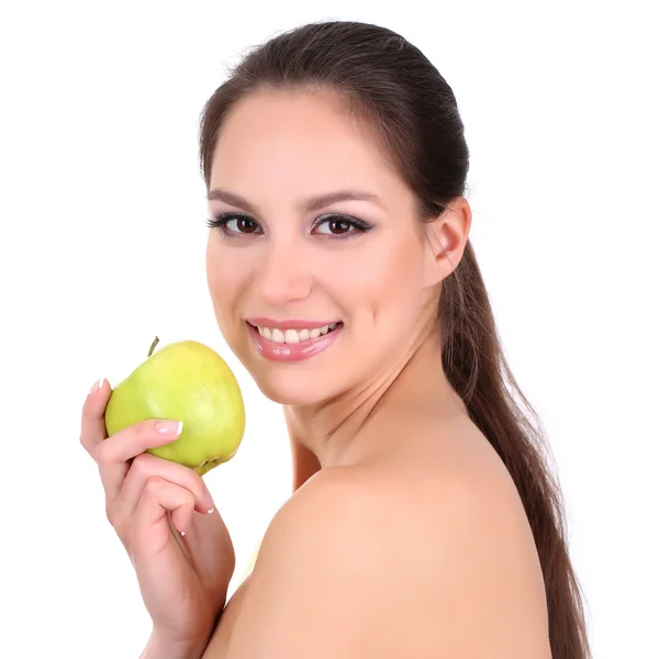 Mujer sonriente con manzana aislada en blanco — Foto de Stock