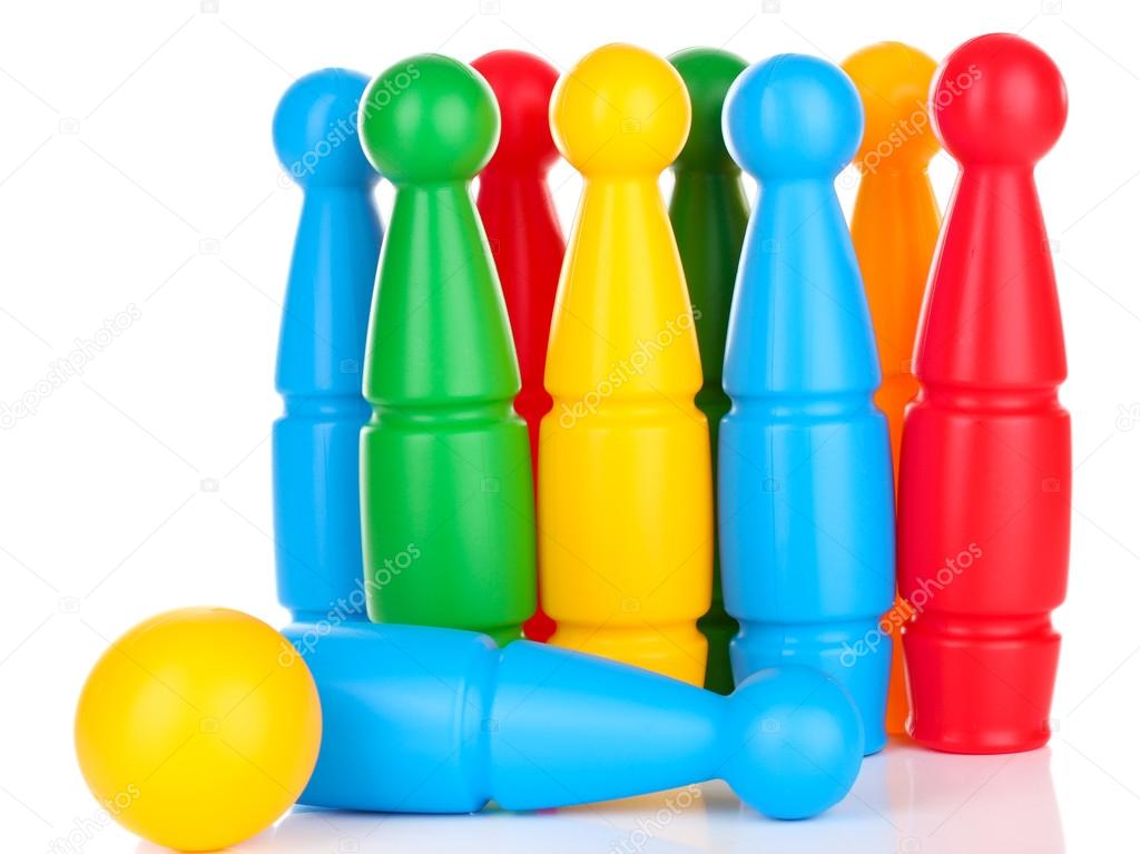 Colorful plastic skittles of toy bowling isolated on white Stock