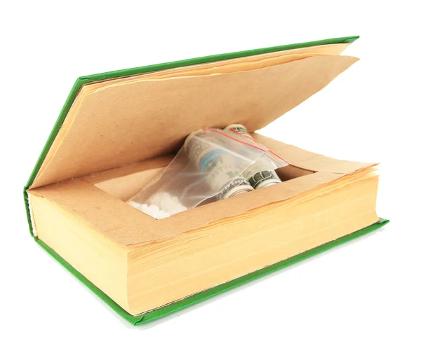 Narcóticos en escondite de libros aislados en blanco —  Fotos de Stock