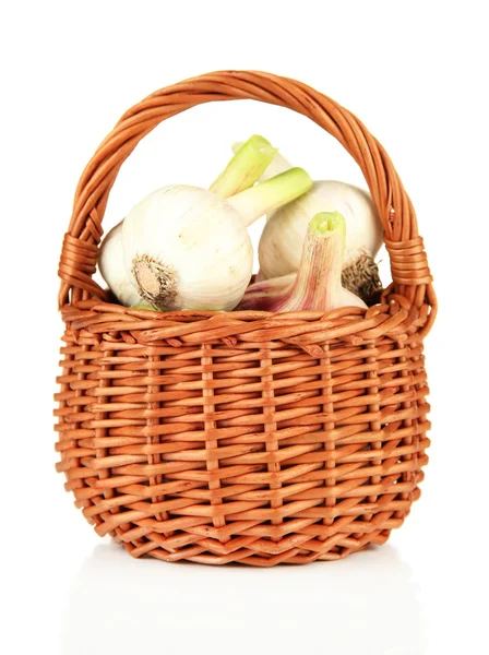 Fresh garlic, in wicker basket isolated on white — Stock Photo, Image