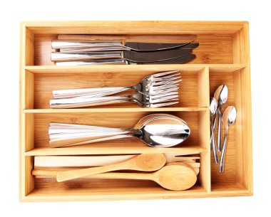 checked çatal üzerinde beyaz izole kutusuyla tahta çatal bıçak takımı