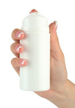 kadın el kremi, şişeyle tutarak üzerine beyaz izole