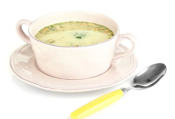 Sopa nutritiva con verduras en sartén aislada sobre blanco — Foto de Stock