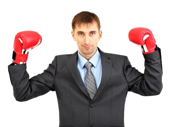 Uomo d'affari in guantoni da boxe isolato su bianco — Foto Stock