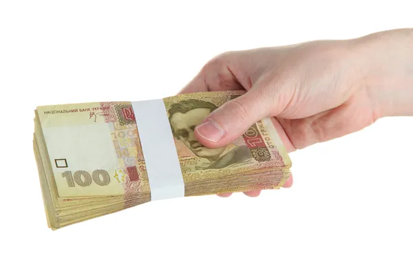 Ukraynalı para elinde, üzerinde beyaz izole — Stok fotoğraf