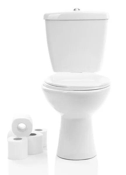 White toilet bowl with toilet paper, isolated on white — Stock Photo, Image