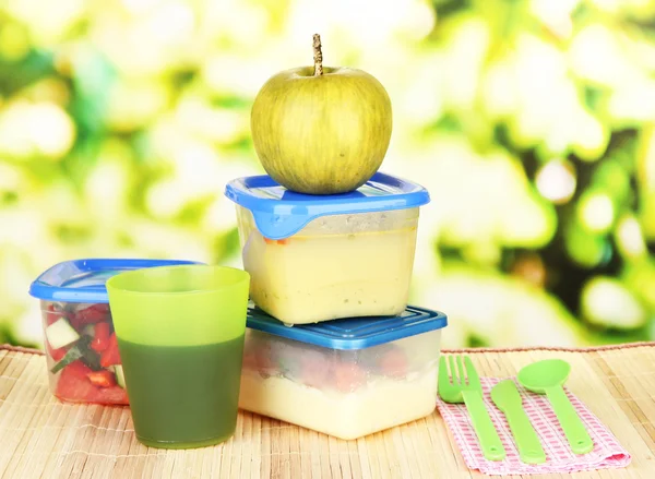 Leckeres Mittagessen in Plastikbehältern, auf Bambusmatte auf hellem Hintergrund — Stockfoto