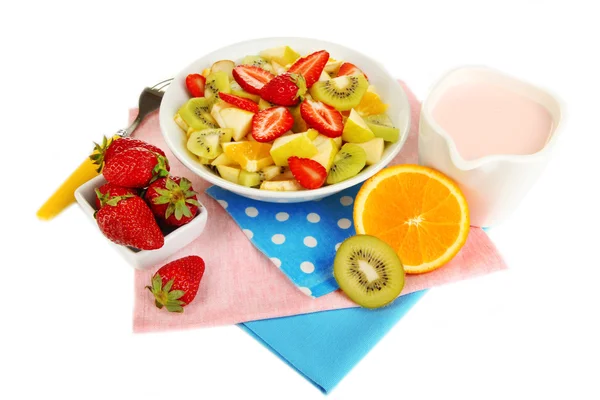 Useful fruit salad of fresh fruits and berries in bowl isolated on white — Stock Photo, Image