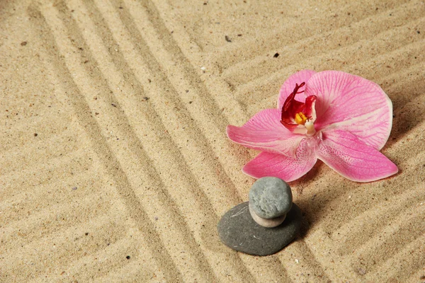 Zen garden with raked sand and round stones close up — Stock Photo, Image