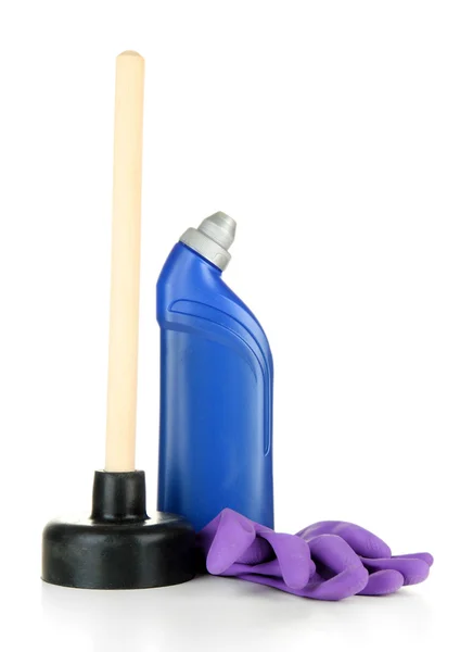 Toilet plunger, gloves and cleaner bottle, isolated on white — Stock Photo, Image