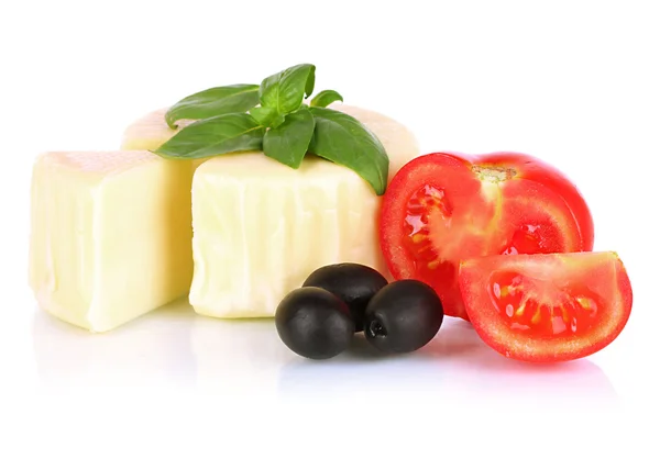 Cheese mozzarella,basil and vegetables isolated on white — Stock Photo, Image