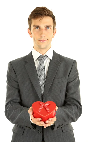 Jeune homme d'affaires cadeau boîte, isolé sur blanc — Photo