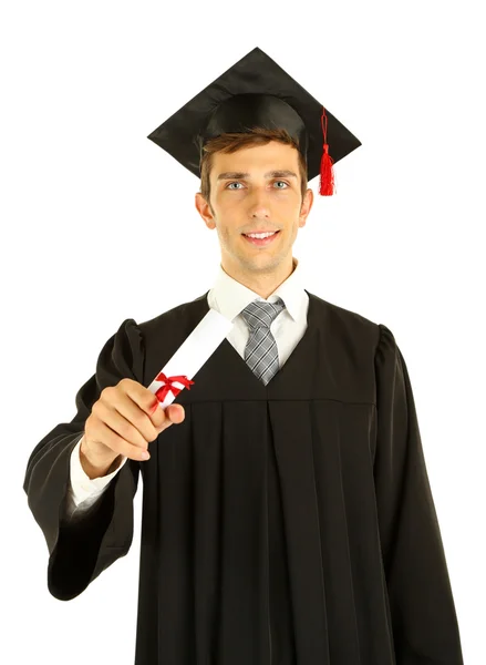 Joven graduado con diploma, aislado en blanco —  Fotos de Stock