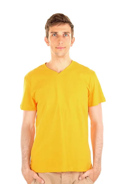 T-shirt üzerine genç adam beyaz izole — Stok fotoğraf