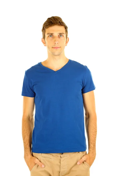 T-shirt op jonge man geïsoleerd op wit — Stockfoto