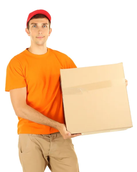 Giovane uomo di consegna in possesso di pacco, isolato su bianco — Foto Stock