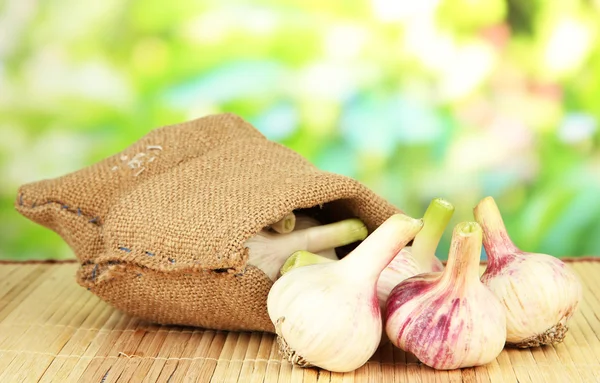 Fresh garlic, in sackcloth bag, on background — Stock Photo, Image