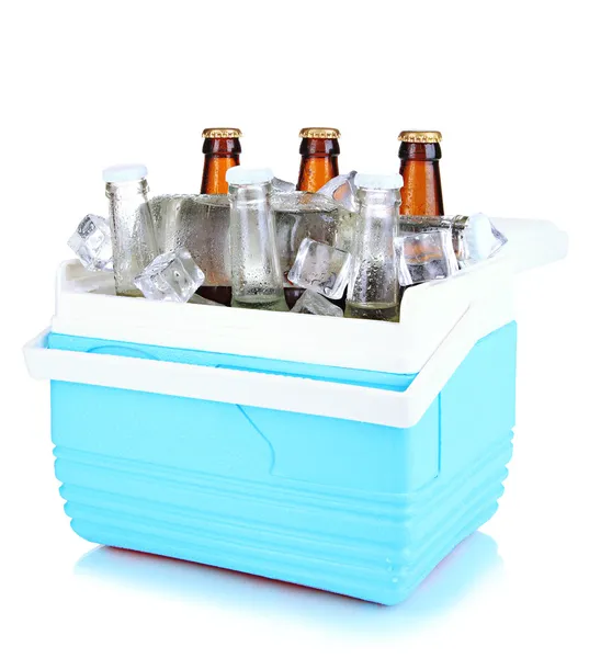 Traveling refrigerator with beer bottles and ice cubes isolated on white — Stock Photo, Image