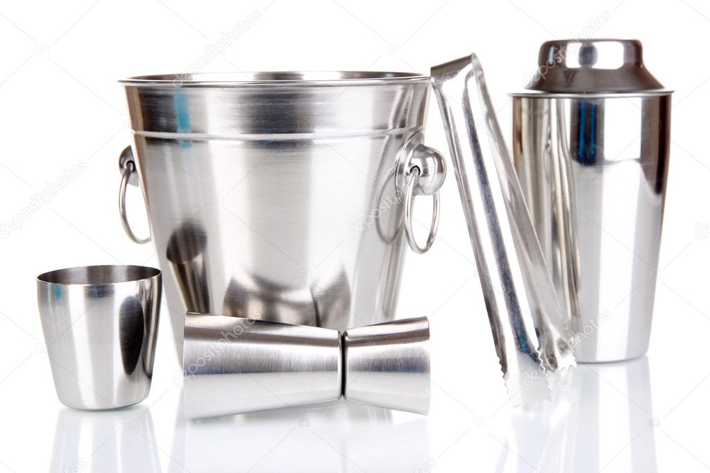 Cocktail shaker and metal ice bucket isolated on whit