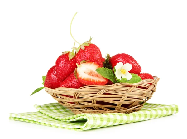 Ripe sweet strawberries in basket, isolated on white — Stock Photo, Image