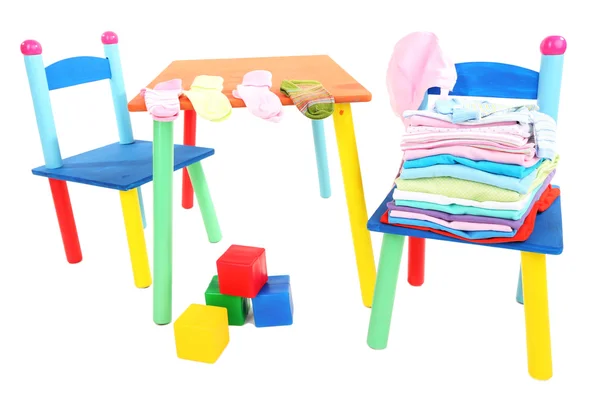 Small and colorful table and chairs for little kids isolated on white — Stock Photo, Image