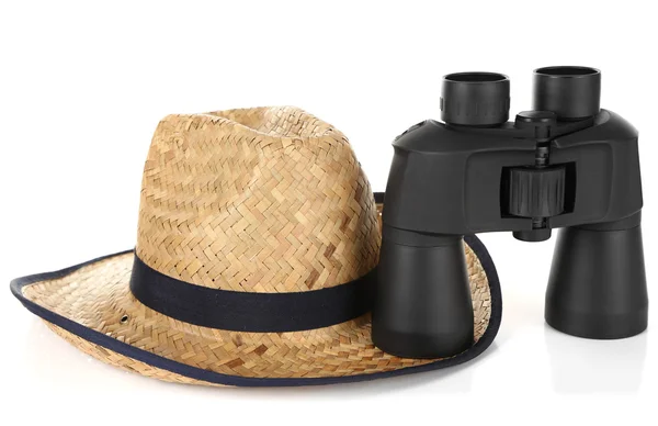 Czarny nowoczesny lornetki z Słomkowy kapelusz na białym tle — Zdjęcie stockowe