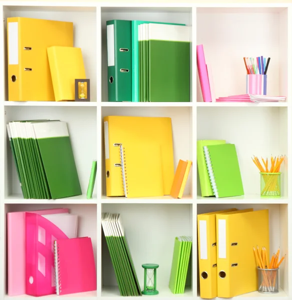 White office shelves with different stationery, close up — Stock Photo, Image